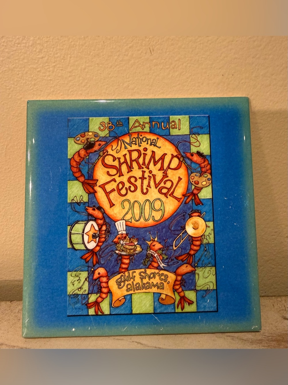Vintage 2009 Gulf Shores National Shrimp Festival 6x6 Ceramic Tile Trivet Art